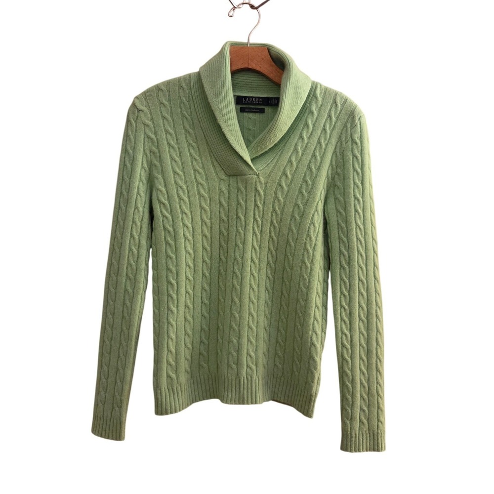 Lauren Ralph Lauren Mint Green All Cashmere Cable Knit Shawl Collar Sweater Sz S